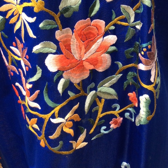 Vintage Esme Chinese Floral Embroidered Royal Blue Kimono Dress Robe Long Coat - Picture 8 of 8